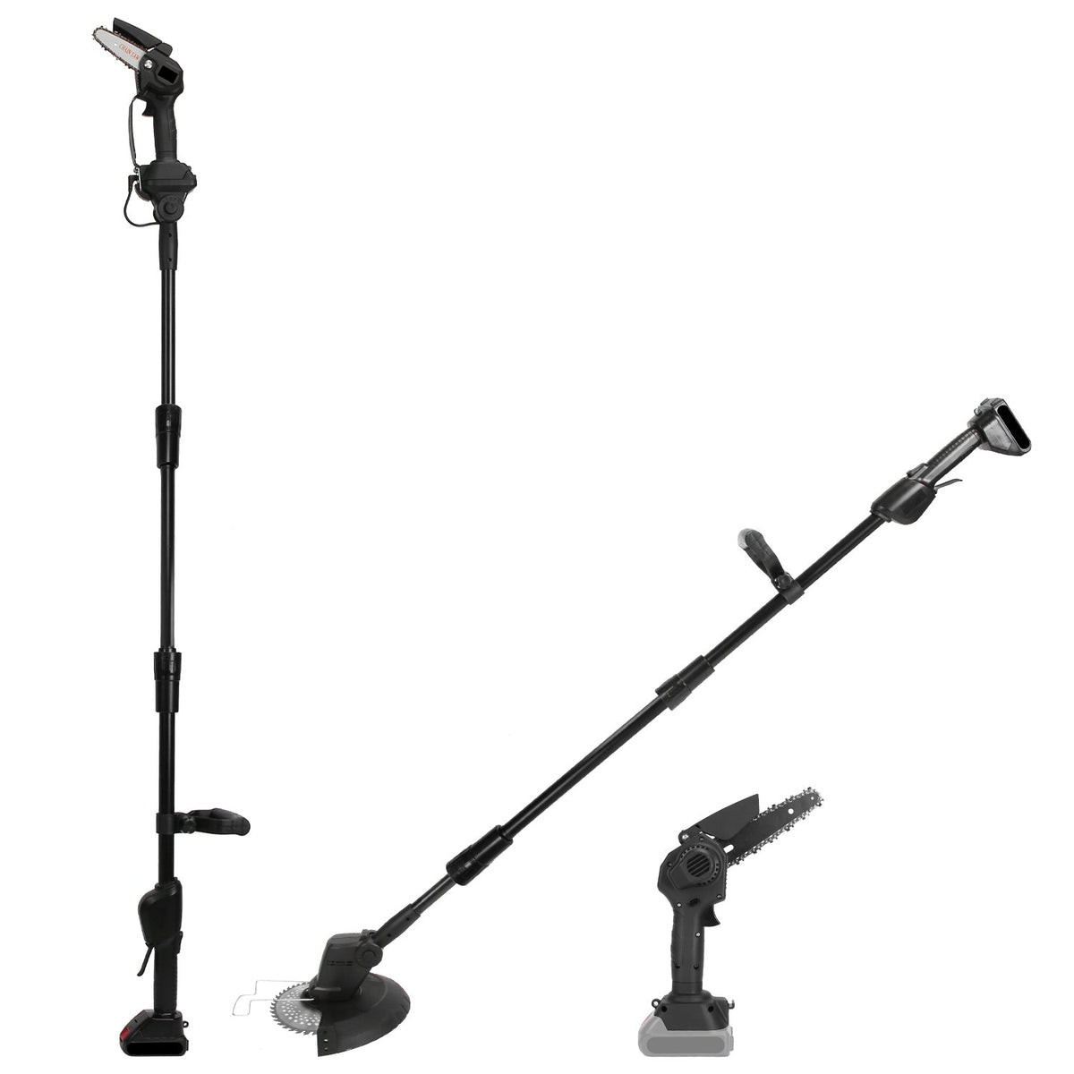 3-in-1 Cordless Electric Pole Saw & Mini Chainsaw & Grass Trimmer Kit with Adjustable Length 2Pcs 21V 1500mAh Batteries 4in/6in Chains Saw Blade 5Pcs
