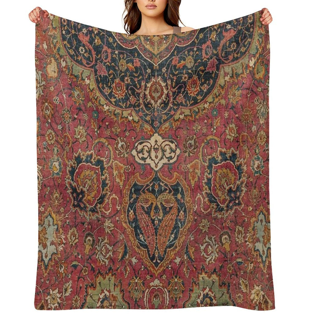Persian Medallion Rug VIII  16th Century Distressed Red Green Blue Flowery Colorful Ornate Pattern Throw Blanket