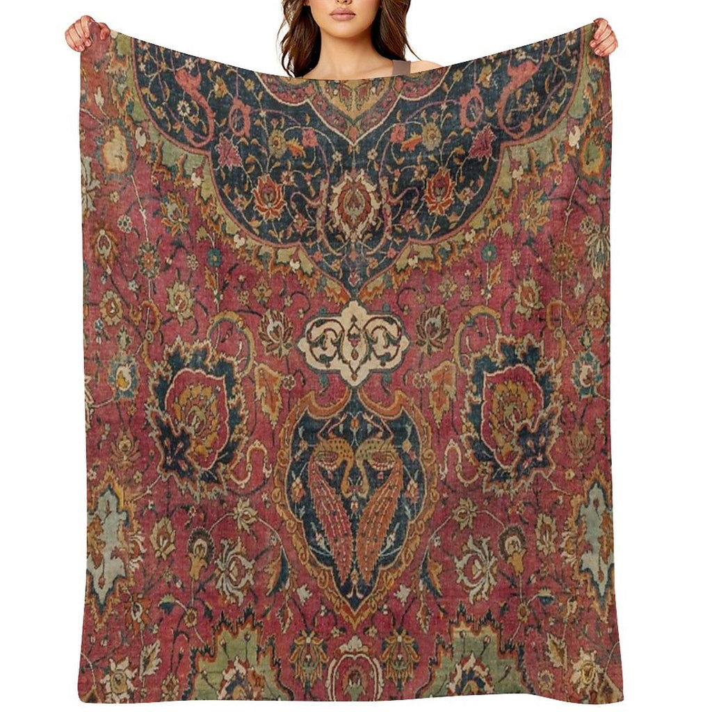 Persian Medallion Rug VIII  16th Century Distressed Red Green Blue Flowery Colorful Ornate Pattern Throw Blanket