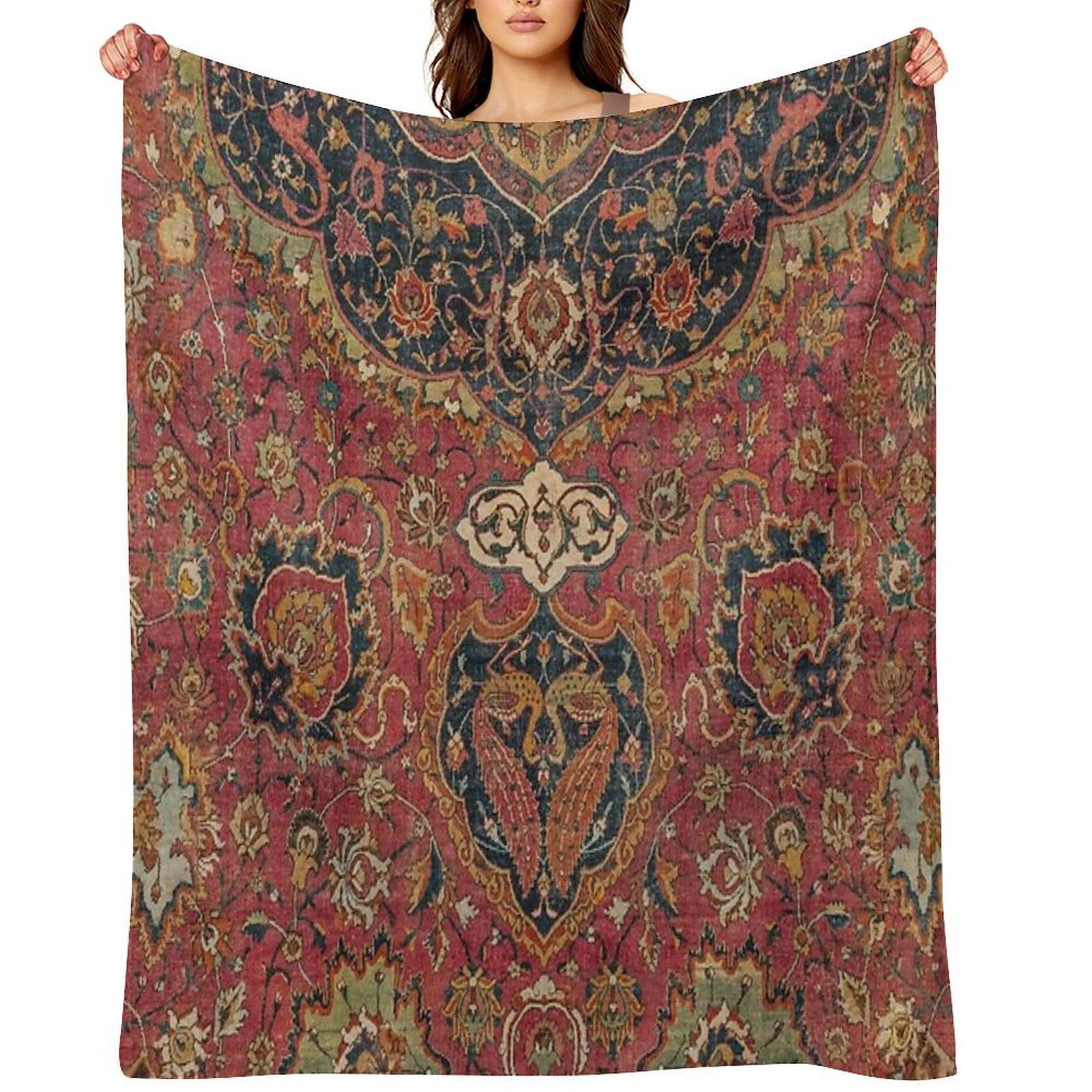 Persian Medallion Rug VIII  16th Century Distressed Red Green Blue Flowery Colorful Ornate Pattern Throw Blanket