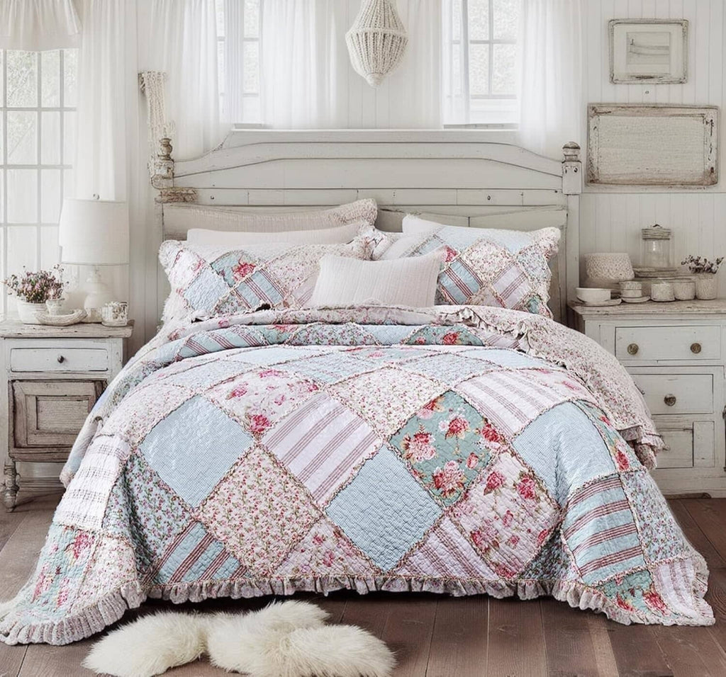 DaDa Bedding Hint of Mint Pastel Cotton Patchwork Quilt Set