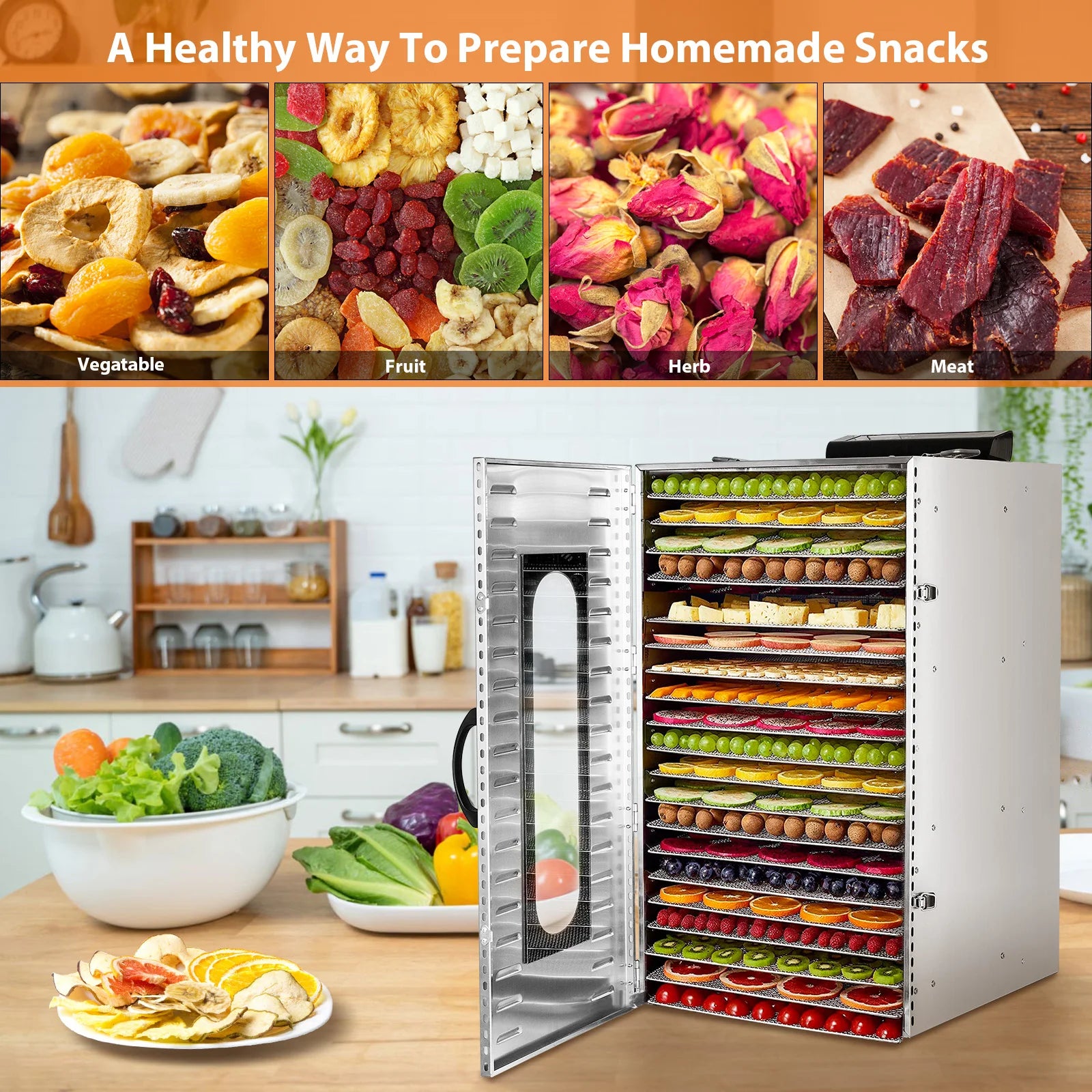 Commercial Grade Food Dehydrator, Stainless Steel 20 Trays