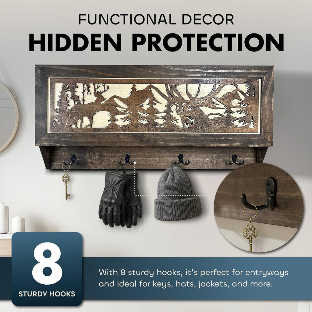 Deer Hunter Hidden Gun Storage - Coat Rack Concealment Shelf with Hooks for Coats, Bags, & Hats - Quick Access Hidden Gun Shelf - Hidden Storage Furniture with Secure Magnetic Lock