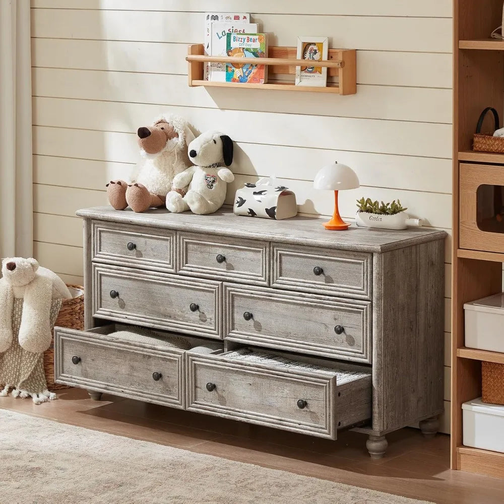 Farmhouse Dressers and Nightstand Set of 3, Wood 54" Wide 7 Drawer Dresser 14'' Narrow Side Table with Charging Station, Roman C