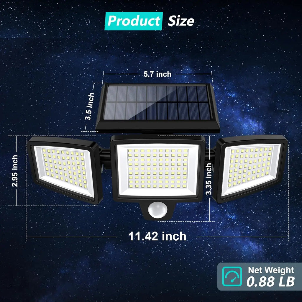 Outdoor Waterproof Solar Light with Motion Sensor 3-Head 200+ LEDs Security Light for Porches Garages Yard Entrances