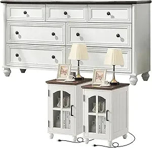 Farmhouse Dressers and Nightstand Set of 3, Wood 54" Wide 7 Drawer Dresser 14'' Narrow Side Table with Charging Station, Roman C