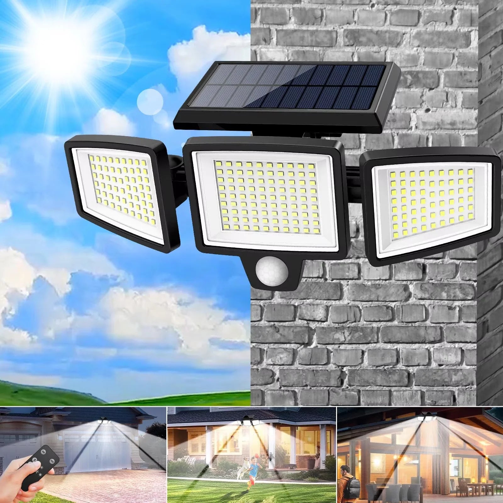 3-Head Solar Outdoor Light, Motion Sensor Security Light with Wireless Remote Control