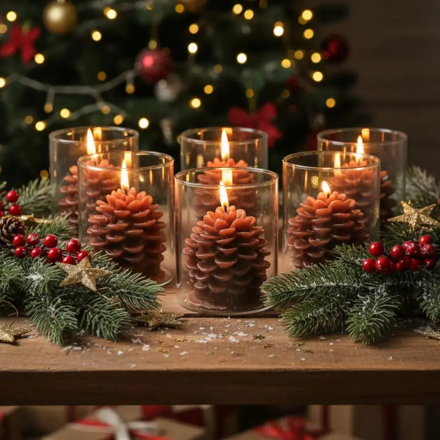 6 Sets Pine Cone Candles Straight Glass Container