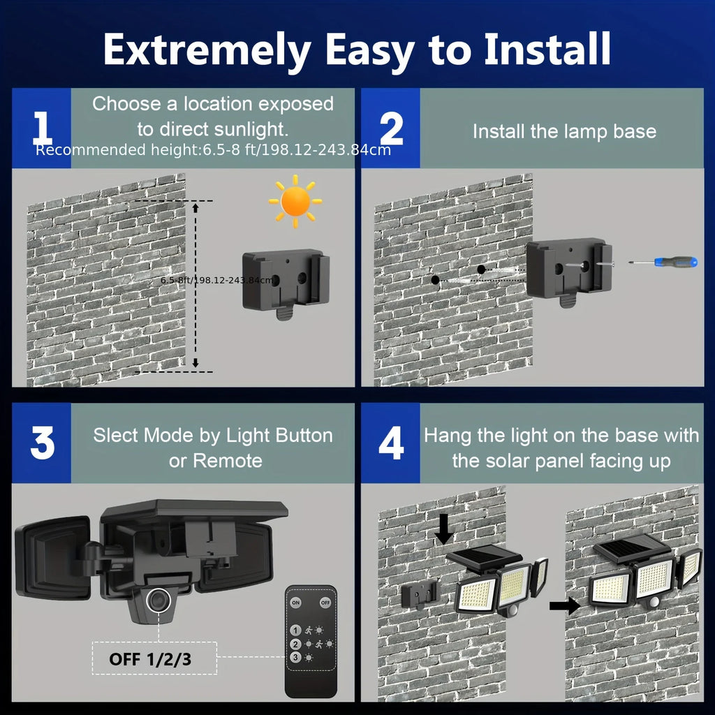(1/2/3 Pack) 3-Head Solar Outdoor Light, Motion Sensor Security Light with Wireless Remote Control