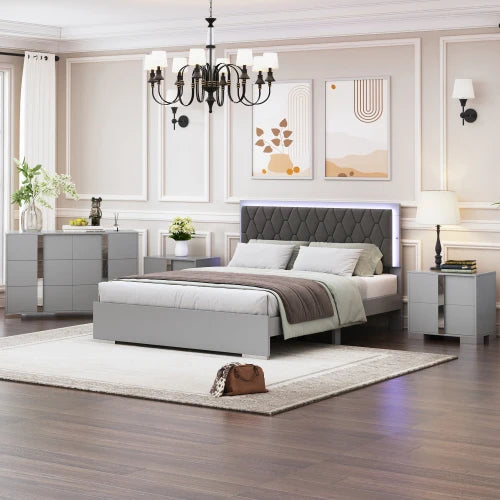 4-Pieces Queen Size Upholstered Bed Bedroom Set with LED Lights
