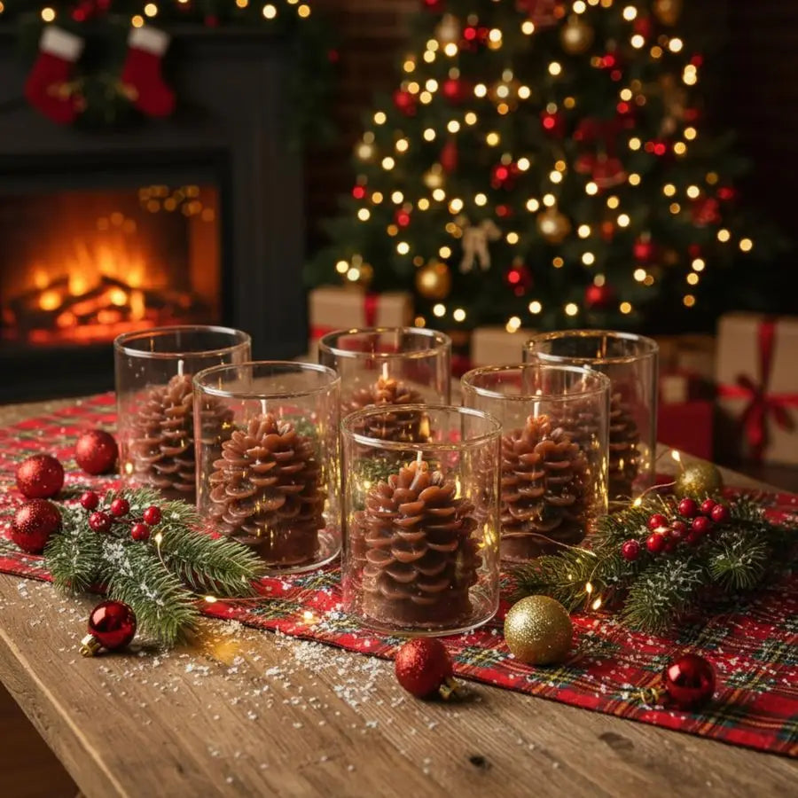 6 Sets Pine Cone Candles Straight Glass Container
