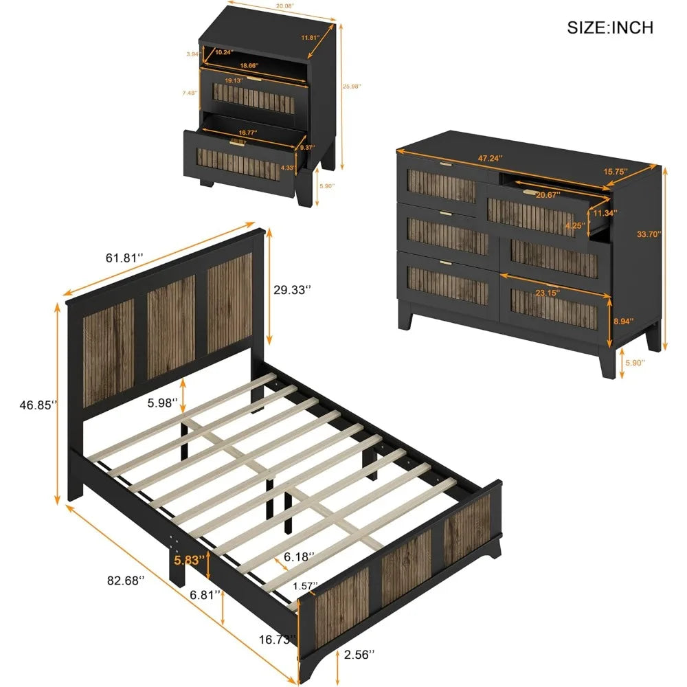 4 Piece Queen size Platform Bed Bedroom Set