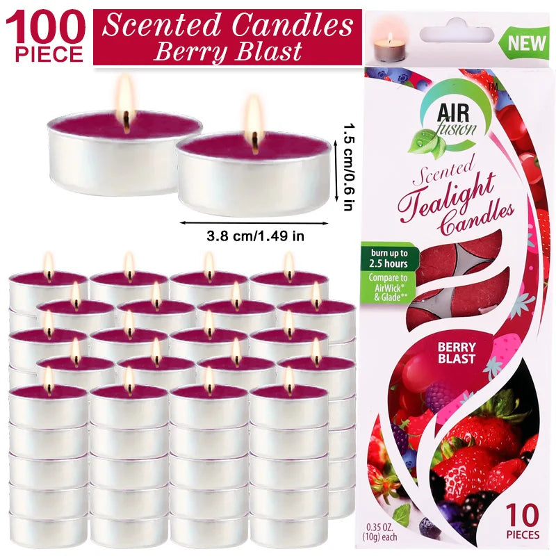 Air Fusion 100 Count Tea Lights Candles Burgundy Berry Blast Scented 2.5 Hours Smoke-free Drip-free And Long-lasting Aromatherap