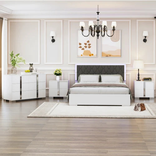 4-Pieces Queen Size Upholstered Bed Bedroom Set with LED Lights