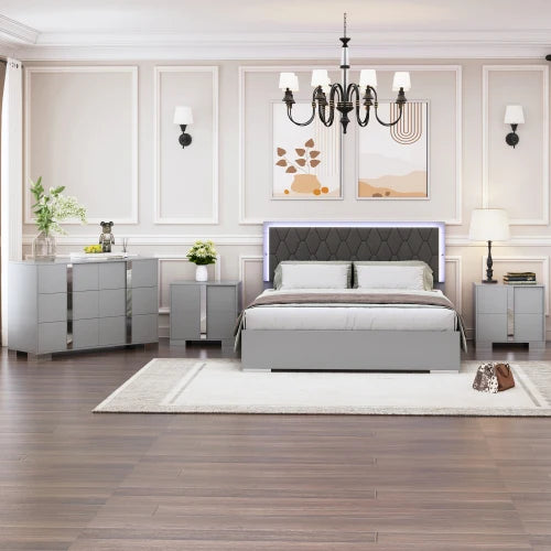 4-Pieces Queen Size Upholstered Bed Bedroom Set with LED Lights