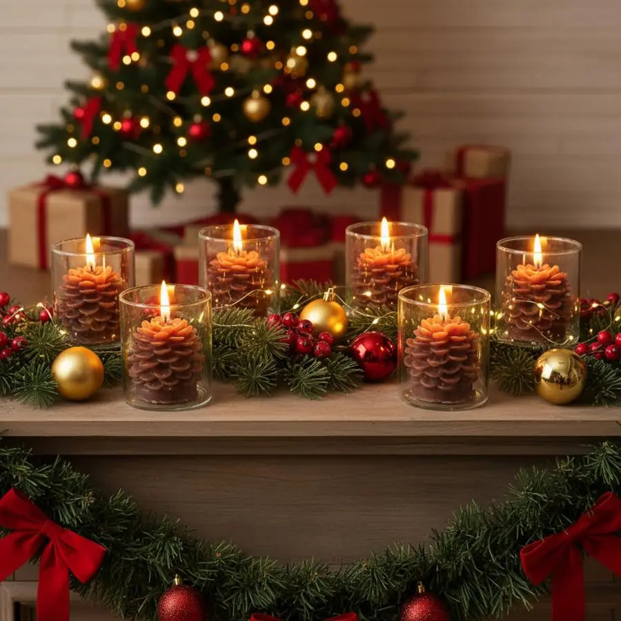 6 Sets Pine Cone Candles Straight Glass Container