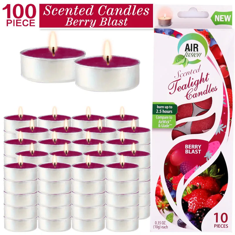 Air Fusion 100 Count Tea Lights Candles Burgundy Berry Blast Scented 2.5 Hours Smoke-free Drip-free And Long-lasting Aromatherap