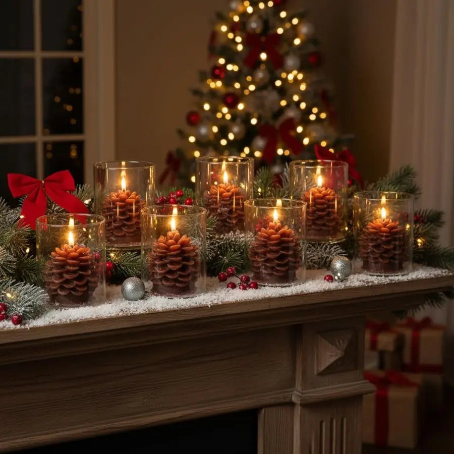 6 Sets Pine Cone Candles Straight Glass Container