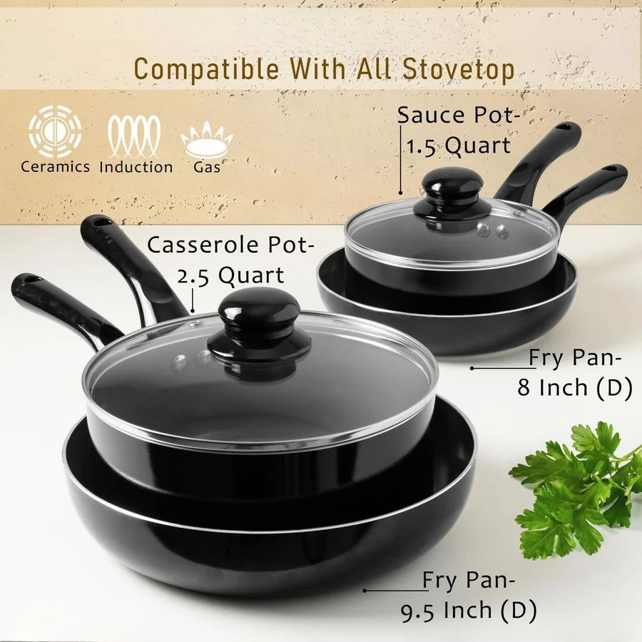 6 Pcs Black Nonstick Cookware Set,  Stay Cool Handle
