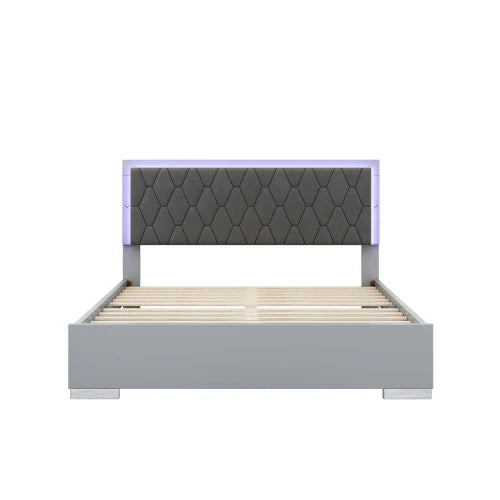 4-Pieces Queen Size Upholstered Bed Bedroom Set with LED Lights