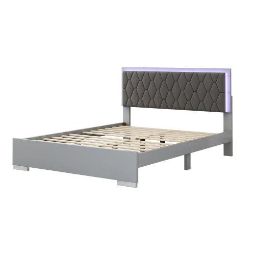 4-Pieces Queen Size Upholstered Bed Bedroom Set with LED Lights