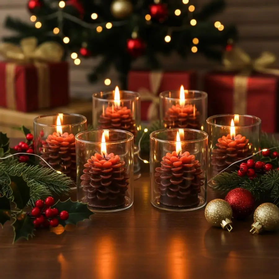 6 Sets Pine Cone Candles Straight Glass Container