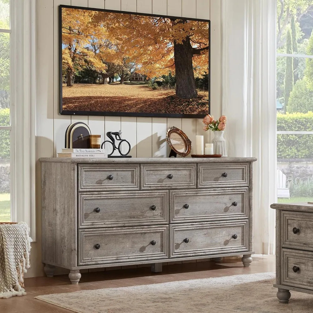 Farmhouse Dressers and Nightstand Set of 3, Wood 54" Wide 7 Drawer Dresser 14'' Narrow Side Table with Charging Station, Roman C