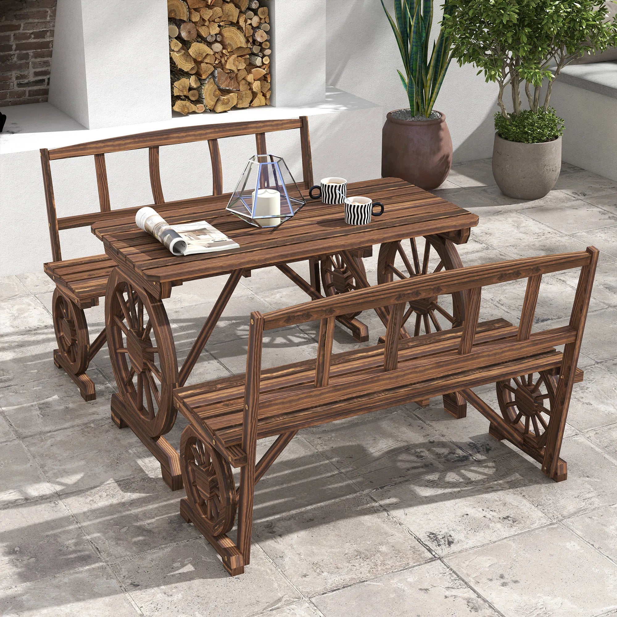 Patio Dining Set for 4 People W/ Carriage Wheels Design