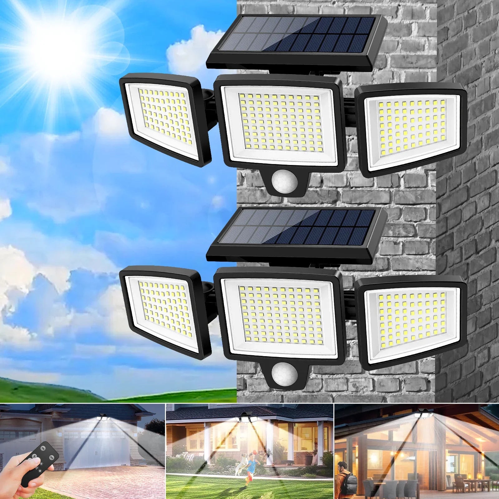3-Head Solar Outdoor Light, Motion Sensor Security Light with Wireless Remote Control