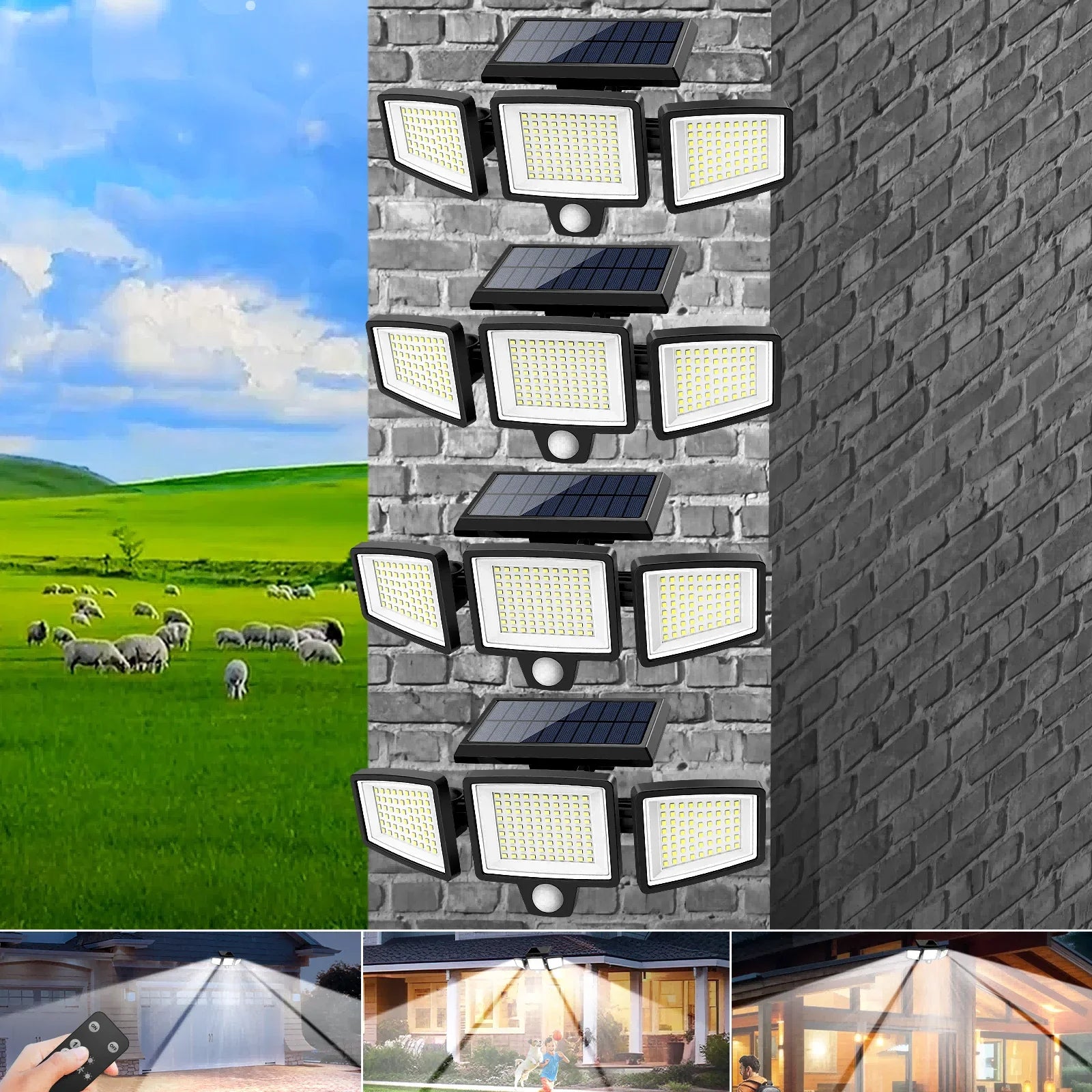 3-Head Solar Outdoor Light, Motion Sensor Security Light with Wireless Remote Control