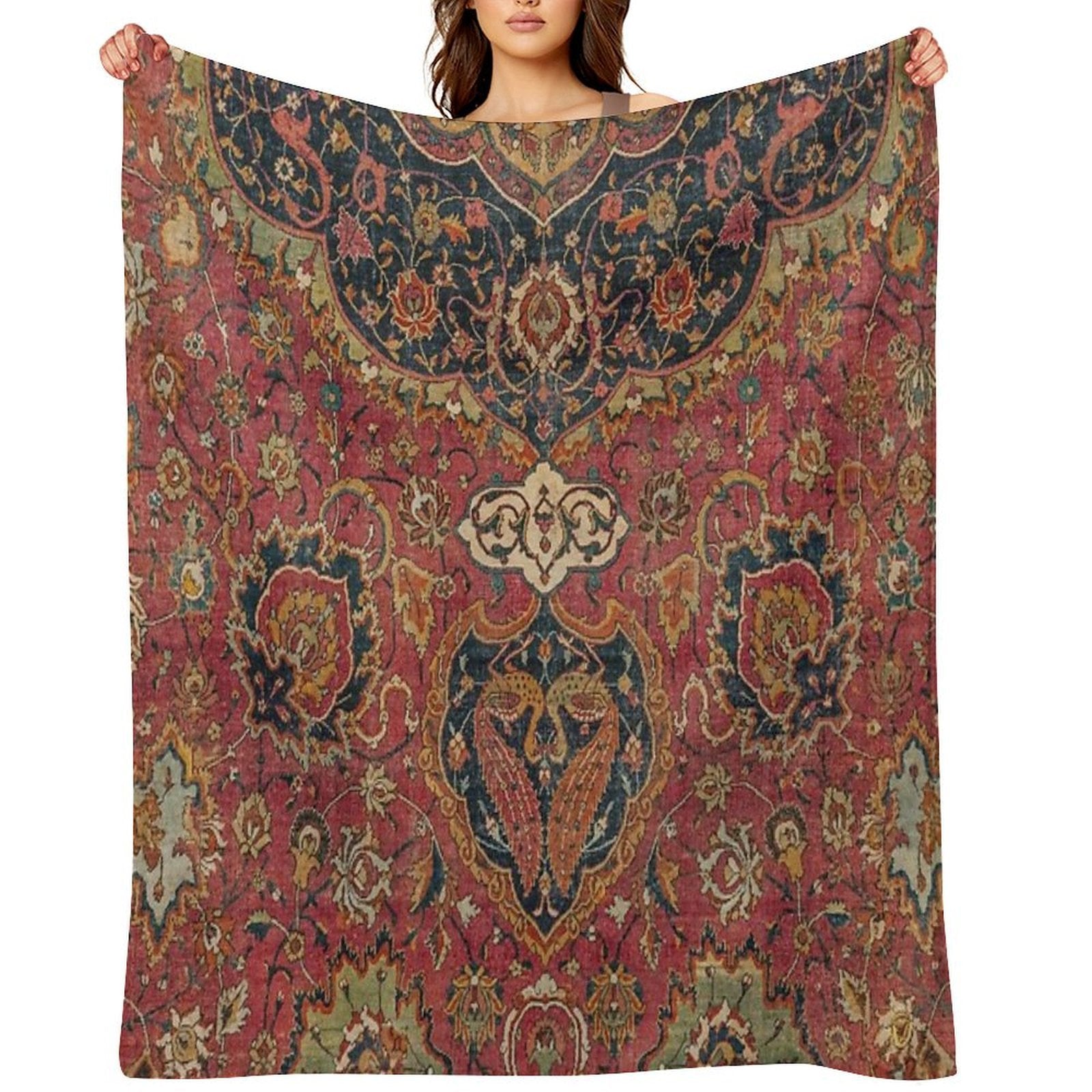 Persian Medallion Rug VIII  16th Century Distressed Red Green Blue Flowery Colorful Ornate Pattern Throw Blanket