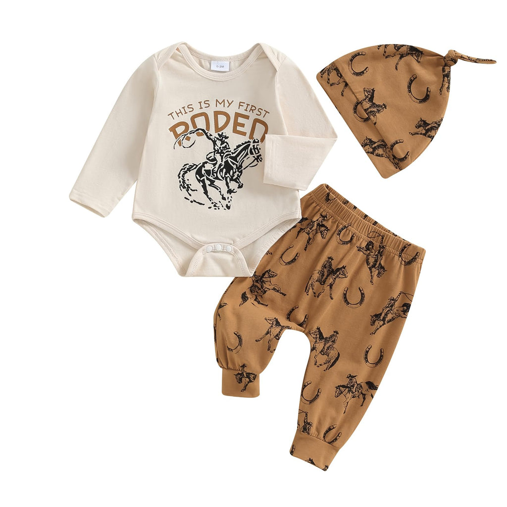 Madjtlqy | Little Dude Newborn Baby Boy Fall Clothes | Long Romper Bodysuit | Jogger/Pants Set 3Pcs | Infant Coming Home Outfit | Khaki cattle | 3-6 Months - # BAAA51210063